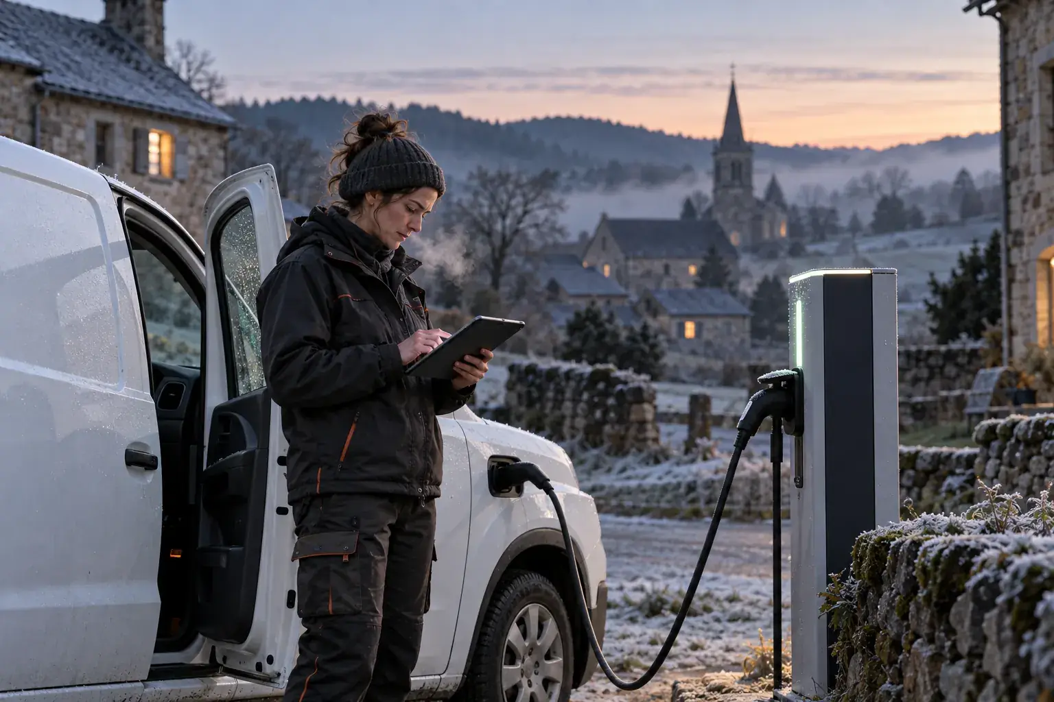 Technicienne devant son utilitaire au petit matin