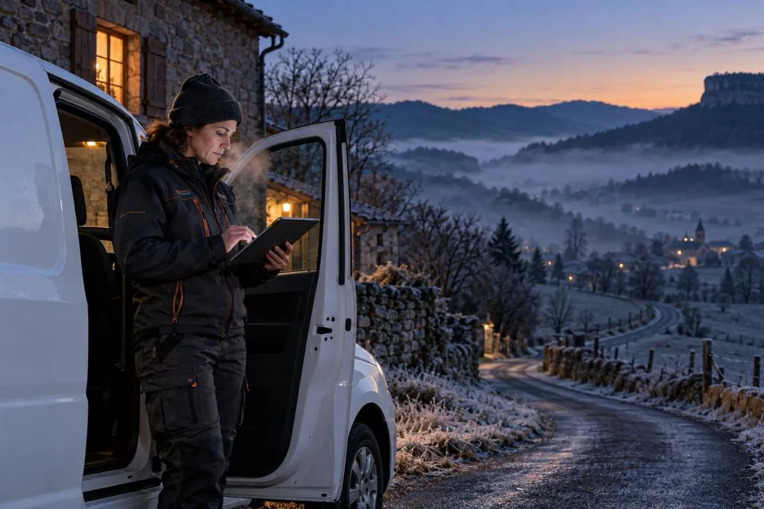 Une technicienne consulte sa tablette au petit matin, devant son utilitaire, par temps de gel.