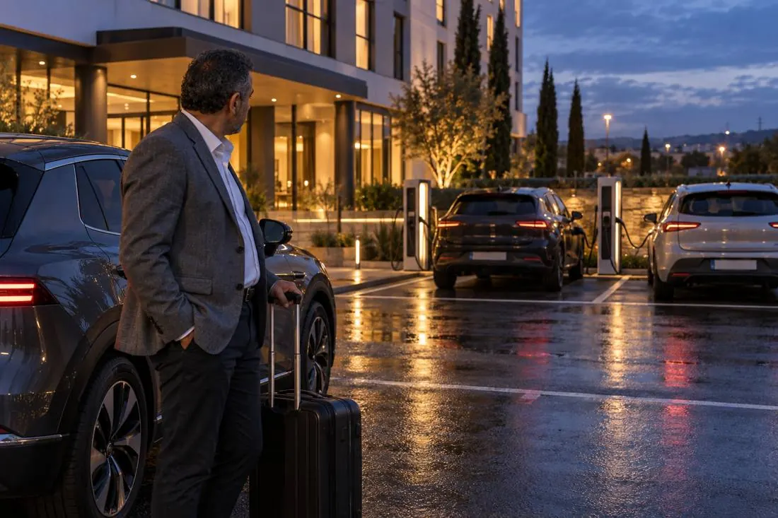 Un commercial arrive à son hôtel le soir, devant des bornes de recharge déjà occupées.