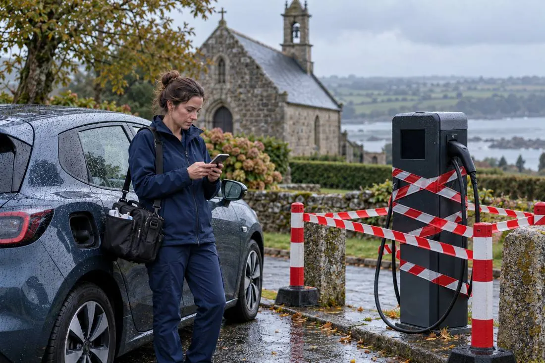 Une intervenante consulte son téléphone devant une borne de recharge condamnée, sous la pluie.
