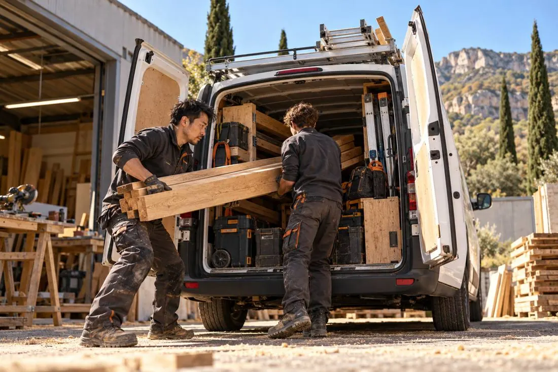 Deux artisans chargent du bois et de l'outillage dans un utilitaire, à l'atelier.