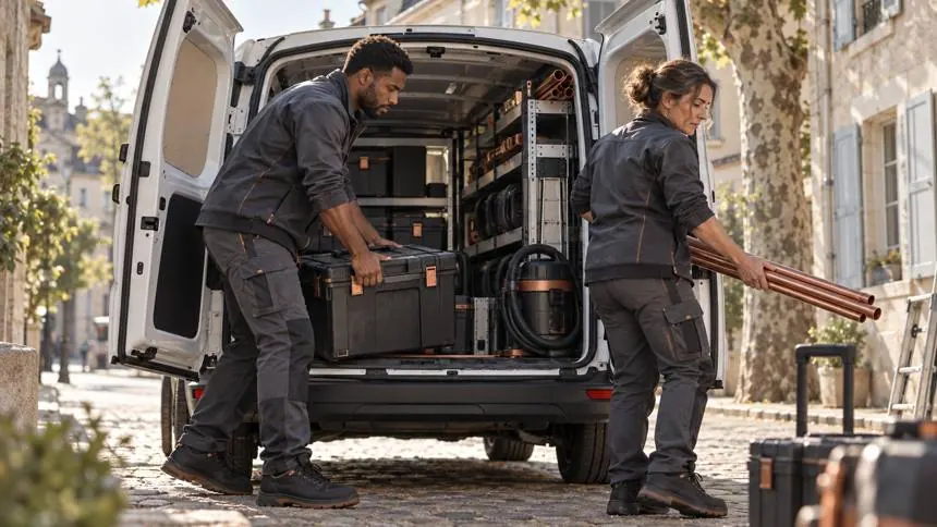 Deux artisans chargent outillage et tubes de cuivre dans leur utilitaire, le matin.