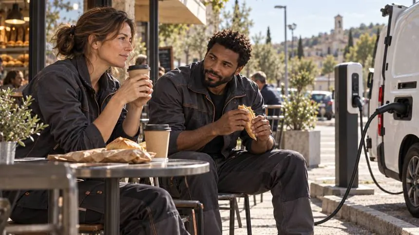 Deux artisans déjeunent en terrasse pendant que leur utilitaire recharge à côté.