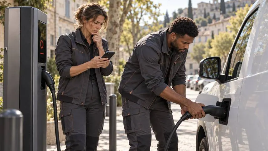 Deux artisans branchent leur utilitaire en fin de journée, l'un vérifiant la session sur son téléphone.
