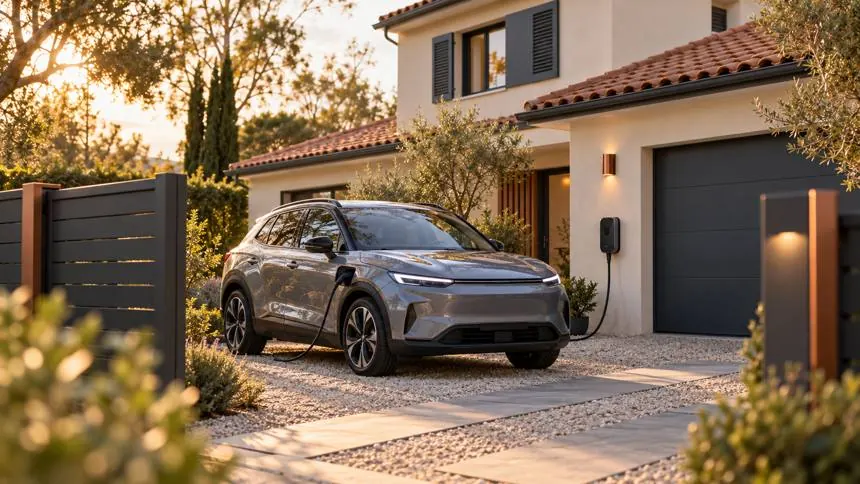 Une voiture électrique en recharge dans l'allée d'une maison, en fin de journée.