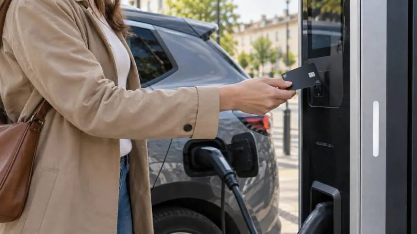 Une conductrice paie sa recharge en approchant sa carte bancaire du lecteur de la borne.