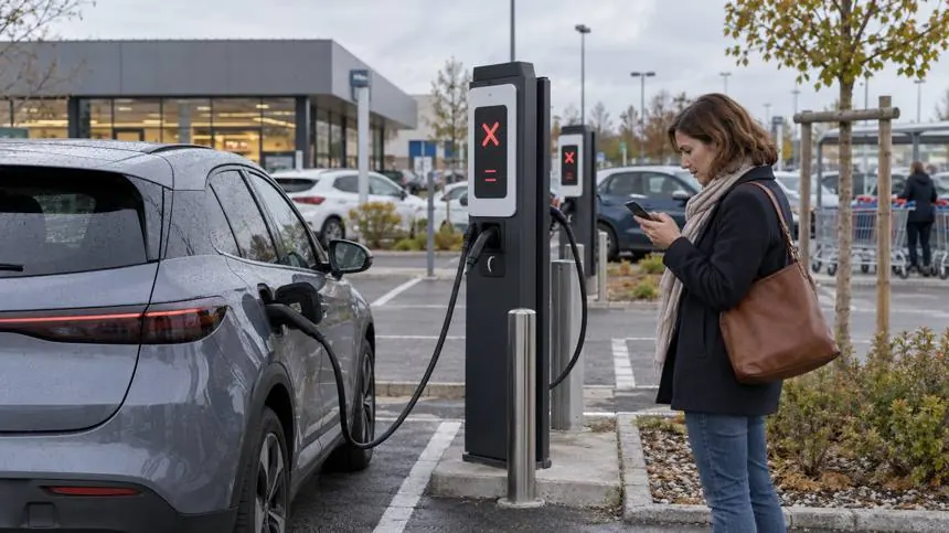 Une conductrice consulte son téléphone devant une borne hors service, sur un parking de supermarché.