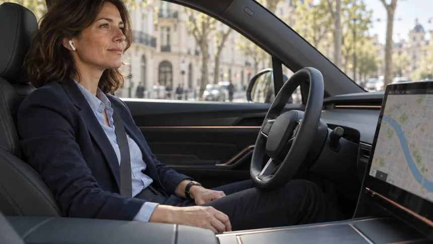 Une commerciale au volant de sa voiture électrique, navigation affichée à l'écran.