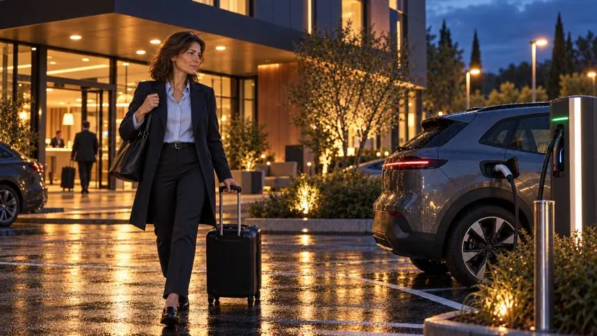 Une commerciale arrive à son hôtel le soir, sa voiture en recharge sur le parking.