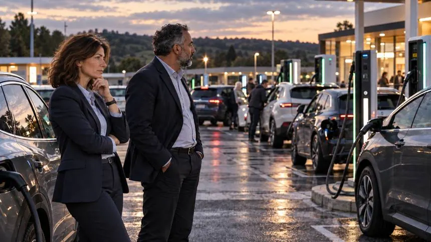 Deux cadres attendent devant des bornes de recharge toutes occupées, à la tombée du jour.