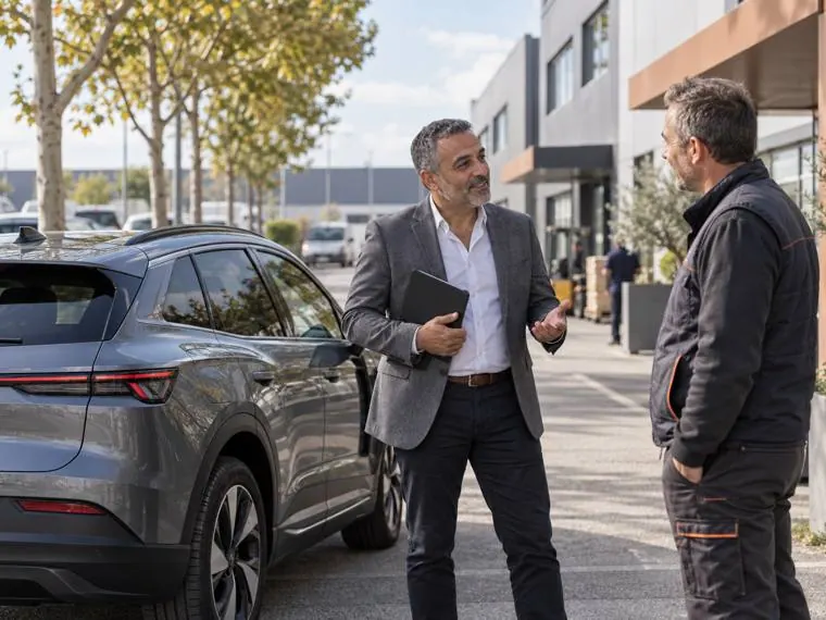 Un chef d'entreprise échange avec un technicien devant un véhicule électrique, sur un site d'activité.