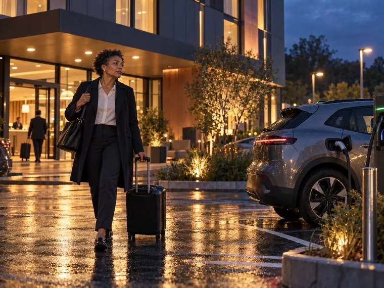 Une commerciale arrive à son hôtel le soir, sa voiture électrique en recharge sur le parking.