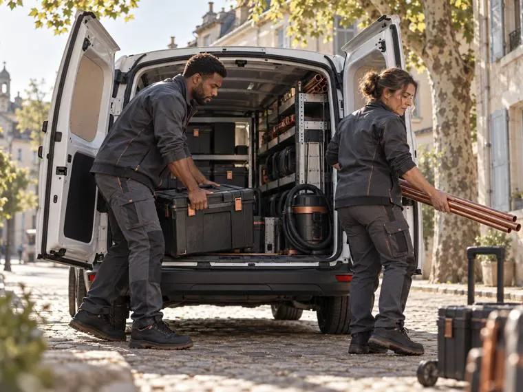 Deux artisans chargent outillage et tubes de cuivre dans un utilitaire aménagé.
