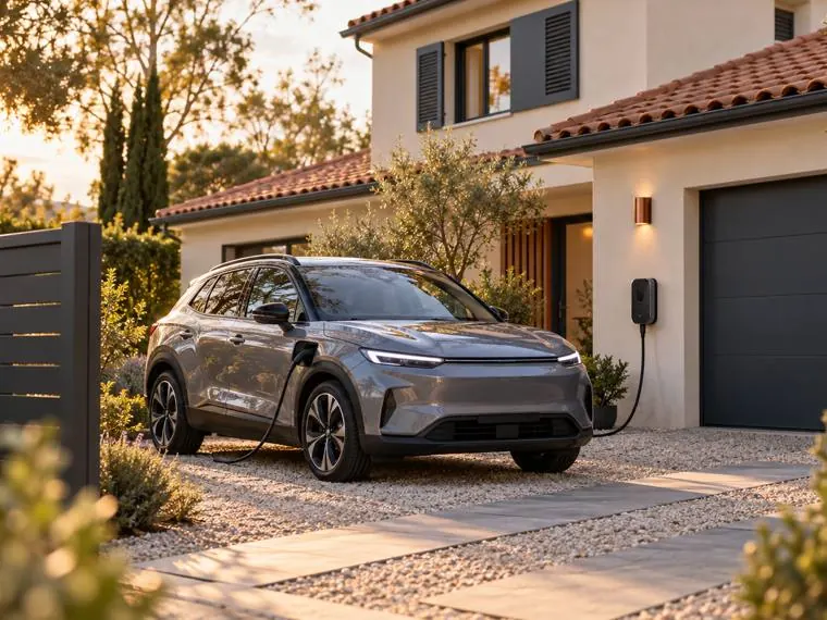 Une voiture électrique en recharge dans l'allée d'une maison, en fin de journée.